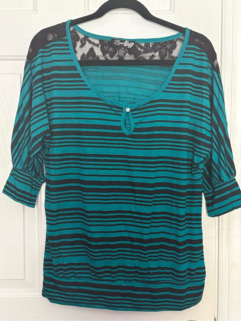 Lena Teal and Black Striped Short Sleeve Top